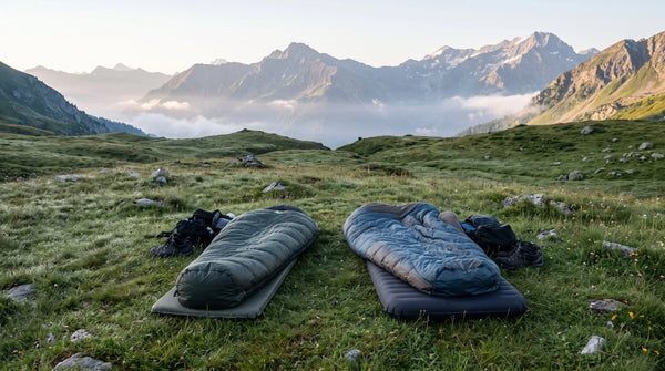 Deux couchages de bivouac posés sur des matelas dans un alpage, avec des sommets alpins en arrière-plan