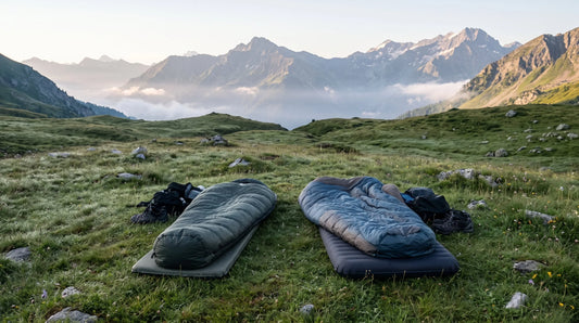 Deux couchages de bivouac posés sur des matelas dans un alpage, avec des sommets alpins en arrière-plan